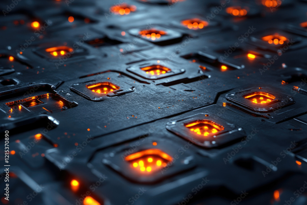 Aufkleber abstract digital circuit board with glowing orange components, showcasing intricate technological de