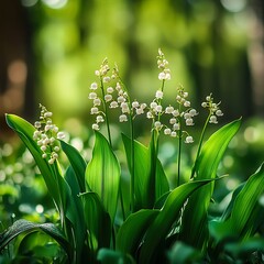 Obraz premium Beautiful lily of the valley flowers in spring forest. Nature background