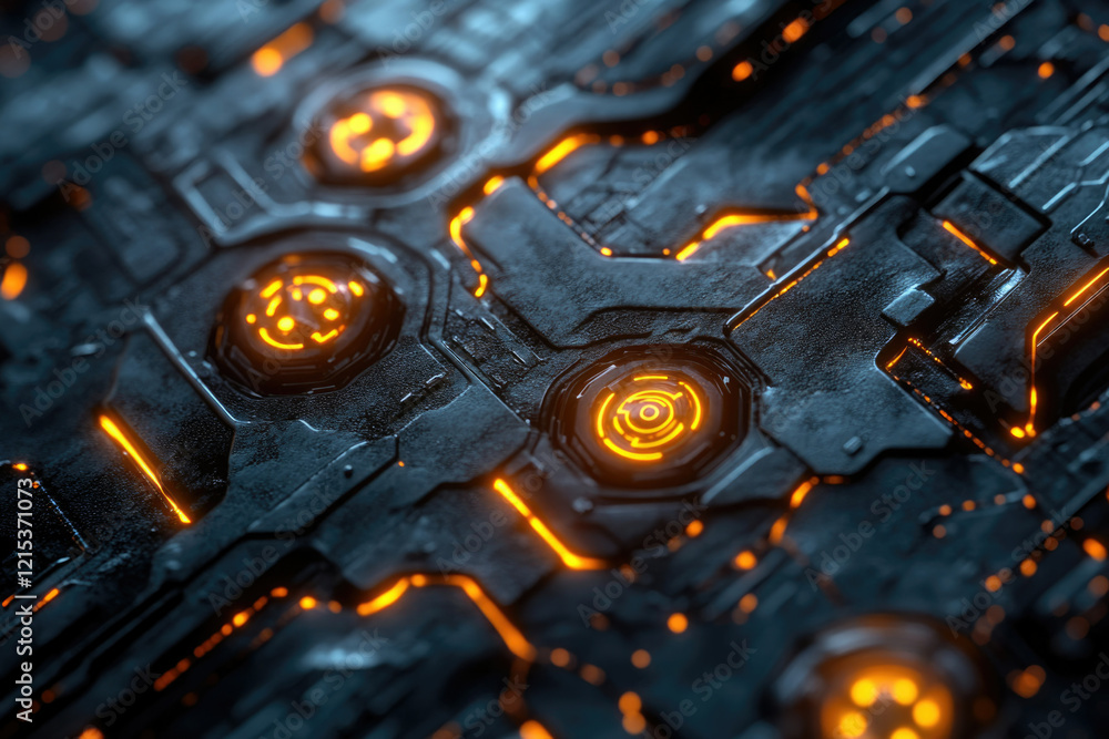 Poster close-up of a futuristic, dark grey metallic surface with glowing orange circuits and hexagonal node