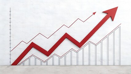 Obraz premium A graphic illustration depicts an upward-trending red arrow and line graph against a textured white wall.