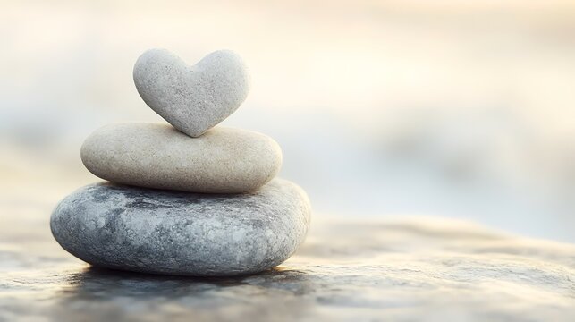 Heart-shaped stone balanced on pebbles, beach sunset background; serenity, peace, love concept