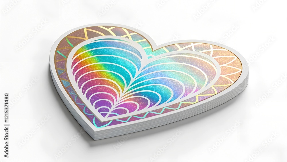 Poster a visually striking image features a layered heart-shaped object with a holographic and rainbow effe