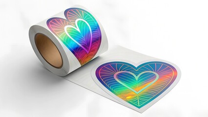 A close-up studio shot of a roll of heart-shaped stickers with a holographic