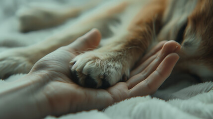 Dog and human handshake, paw of lying dog in human's hand