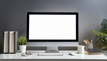 modern office desk with blank screen computer monitor empty workspace with tech tools modern design empty display for graphic content white table top and gray walls modern interior