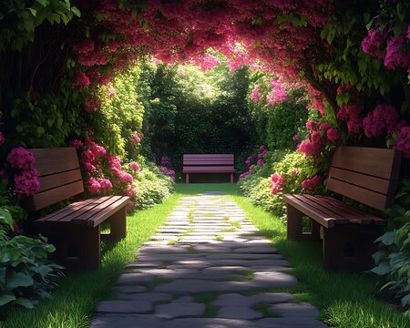 Serene garden path with benches under floral arch.