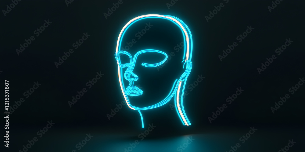 Poster abstract neon head profile. glowing cyan lines create a minimalist portrait against a dark backgroun