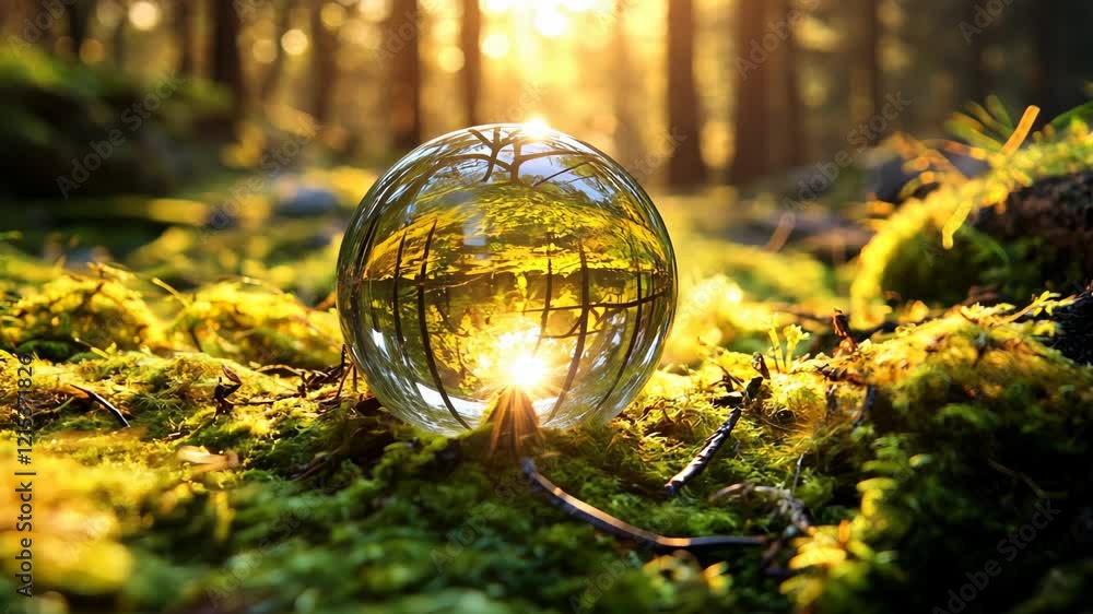 Poster sunlight filtering through trees reflecting in a crystal orb on the forest floor during golden hour