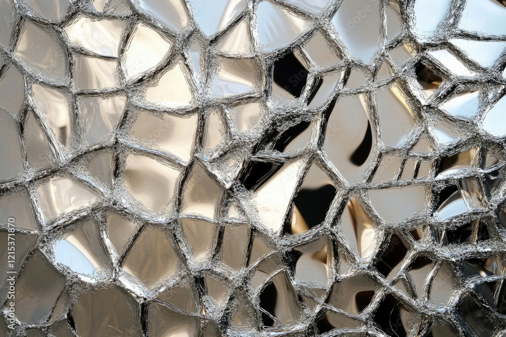 Fototapete Abstract silver mosaic with fragmented, reflective surfaces creating a complex, interwoven pattern.