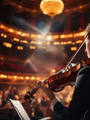 Fototapeta premium A violinist passionately performing on stage in a grand theater, with warm golden lighting highlighting the elegance of the instrument. Generative AI