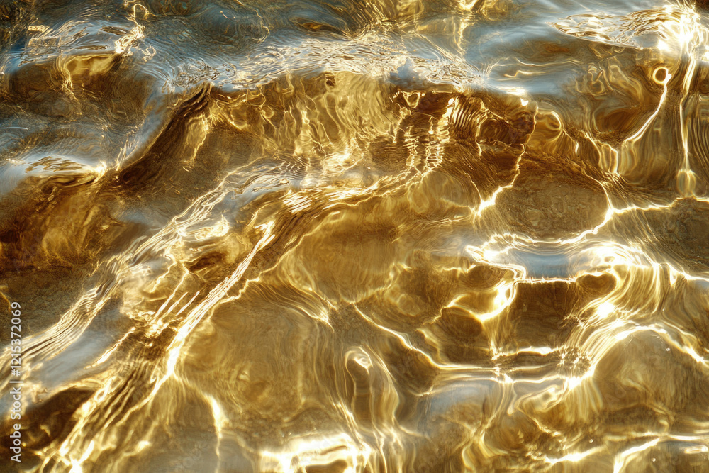Poster golden sunlight reflects on shallow water, creating mesmerizing patterns and textures.