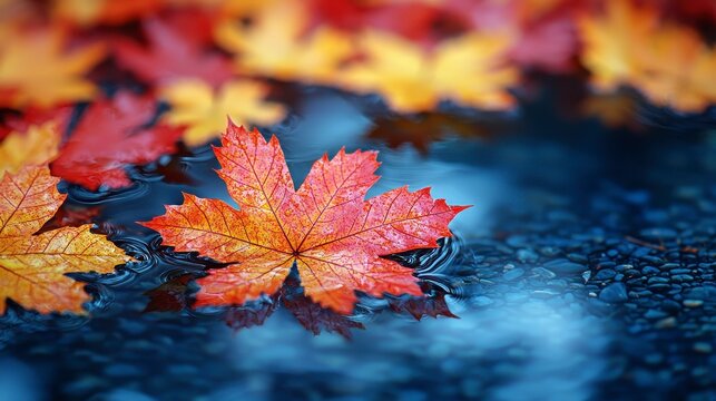 Vibrant red and orange maple leaf floating in a rain puddle on a dark, pebble surface with other autumn leaves.