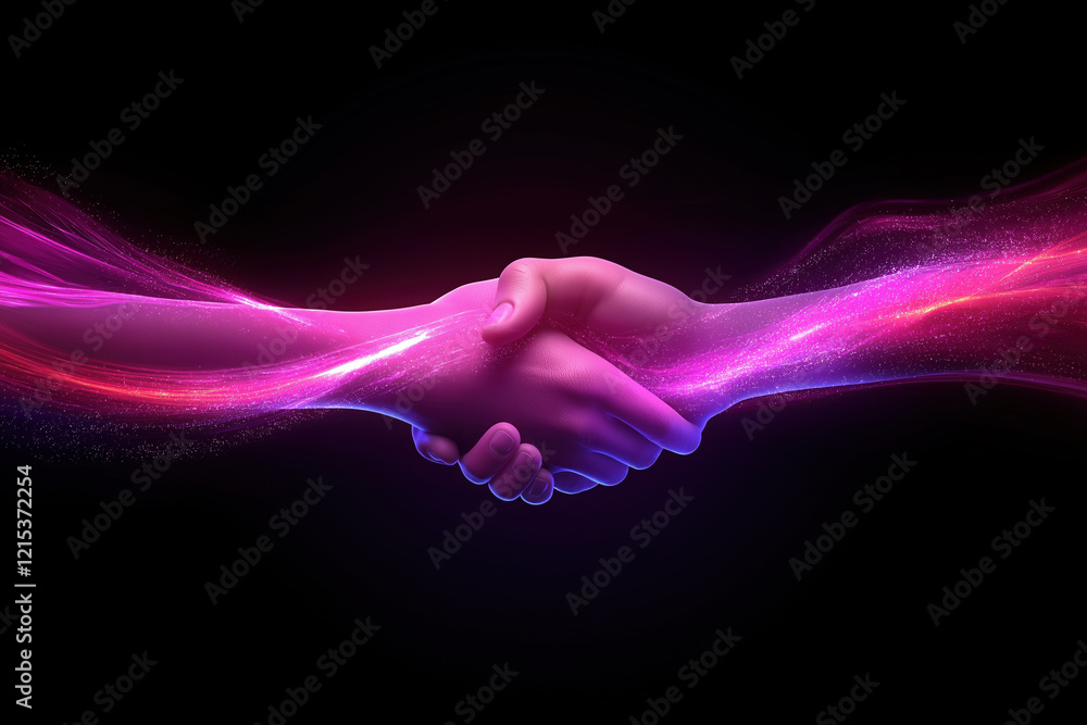 Poster two hands shake in a vibrant display of lights, symbolizing unity and agreement