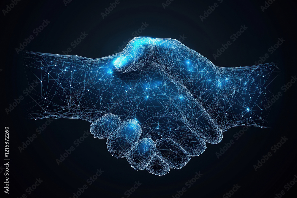 Poster digital handshake symbolizing collaboration and connection in the virtual world