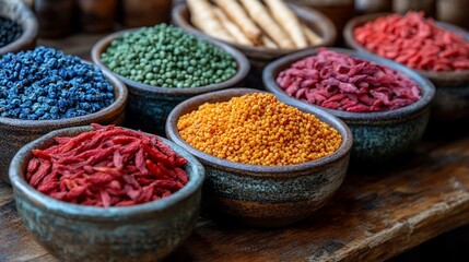 Fototapeta premium Vibrant Collection of Dried Herbs and Spices in Rustic Bowls