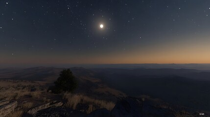 Nighttime desert landscape with moon and stars