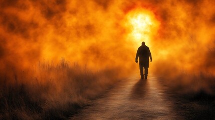 Solitary Figure Walks Towards Fiery Orange Sunset
