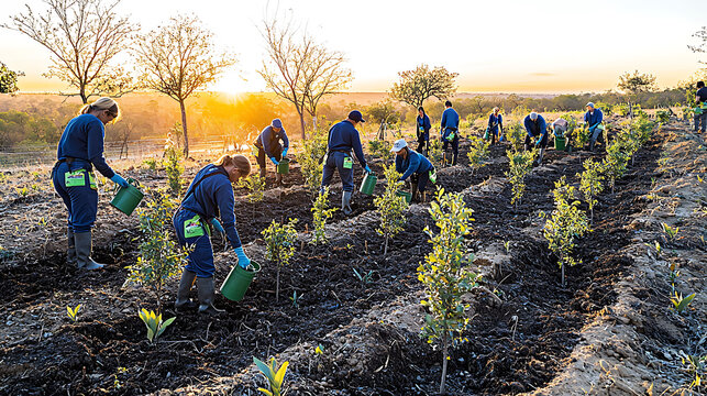 Team of volunteers planting trees at sunset.  Golden hour light illuminates the collaborative effort of reforestation.  Perfect for environmental, conservation, and community projects.