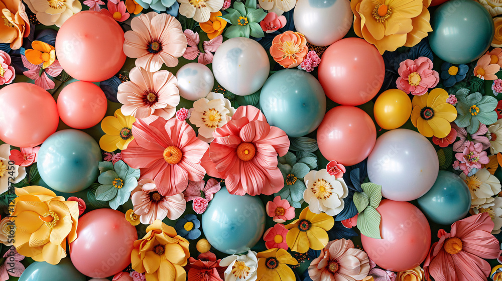 Poster lively and joyful arrangement with an array of colorful balloons and paper flowers, perfect for addi