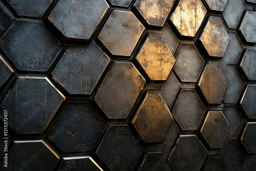 Poster a textured wall of dark and gold hexagonal shapes, creating a metallic, geometric pattern.