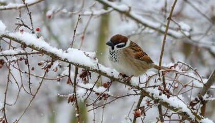 Eurasian Tree Sparrow on Branch During First Snowfall, Winter Wildlife Scene