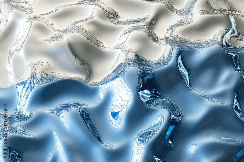 Poster abstract image of flowing, metallic liquid, transitioning from light grey to deep blue, creating a w