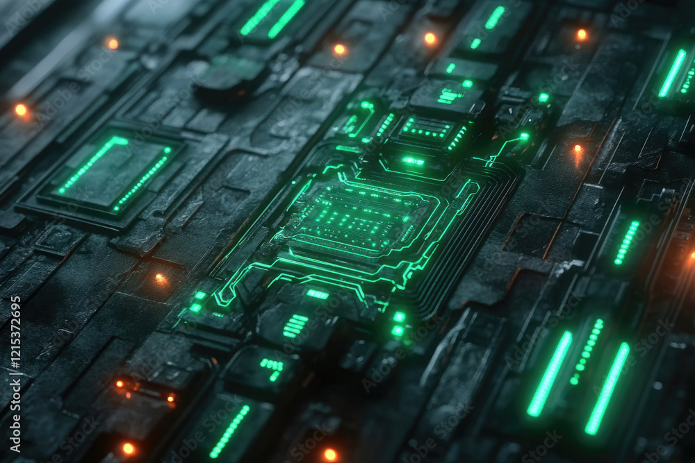 Poster futuristic cyberpunk circuit board with glowing green lines and orange accents, showcasing advanced 