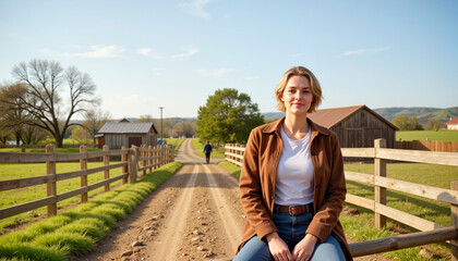 Smiling woman sitting on fence in rural village, tranquility and connection