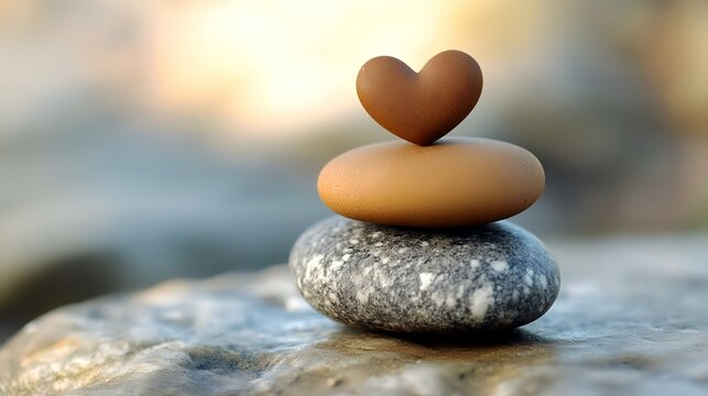 Heart-shaped stone atop balanced rocks, sunset background; peace, love, balance concept; ideal for wellness websites