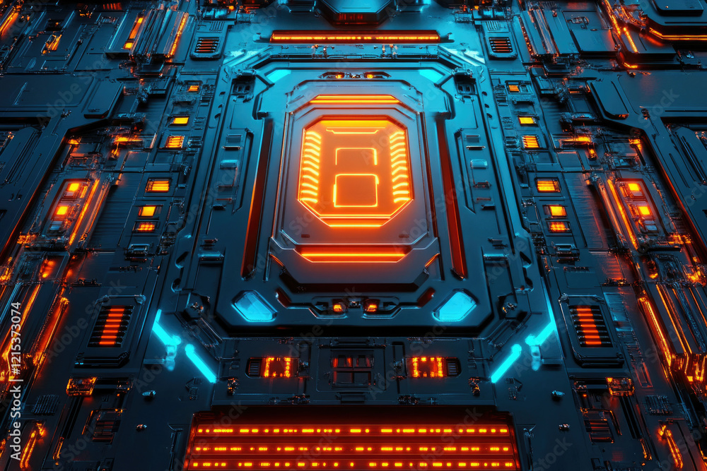 Poster futuristic technological interface with glowing orange number 6 on a dark blue circuit board.