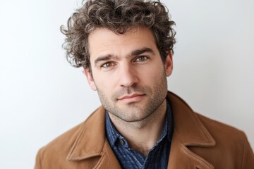 Obraz premium Confident Young Man with Curly Hair in Casual Attire Against a Neutral Background