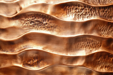 Abstract wavy texture of bronze metal with hammered surface, creating a luxurious and elegant design.