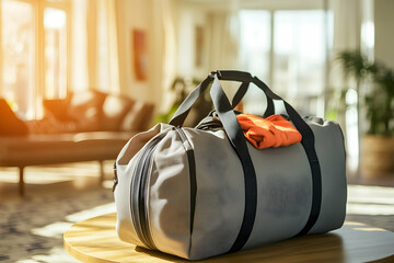 Open gym duffel bag with clothes on a table in a bright room background