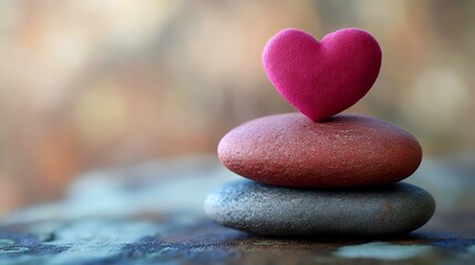 Pink heart atop stacked stones, serene nature background; ideal for love, balance, wellness