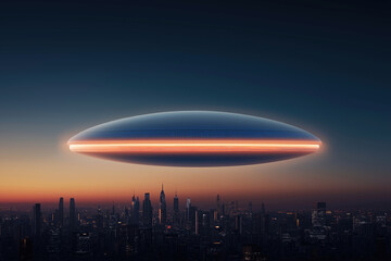Naklejka premium Futuristic spacecraft hovers over city skyline during twilight hours