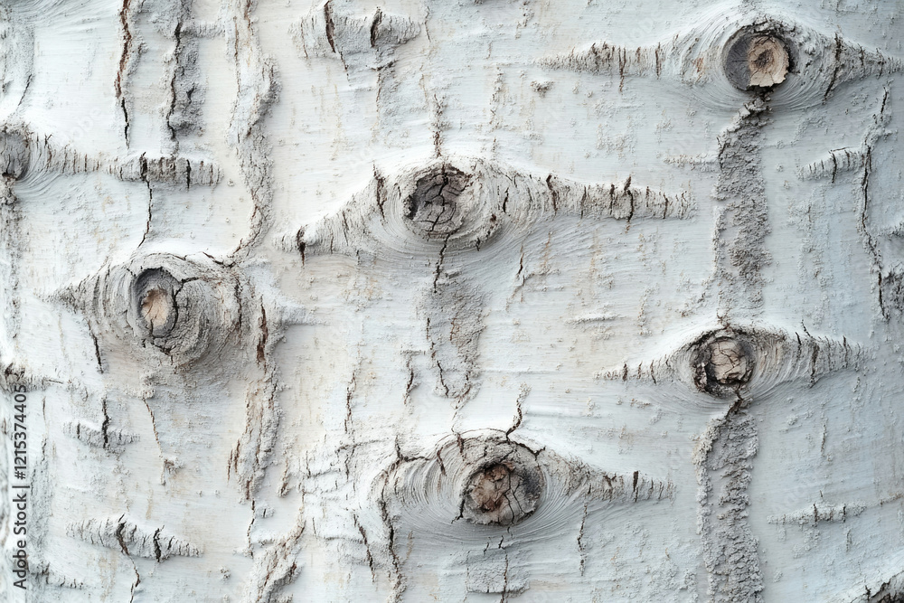 Poster Close-up view of pale tree bark texture with visible knots and cracks.