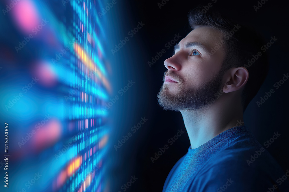 Poster man gazes at colorful data projections in a dimly lit environment at night