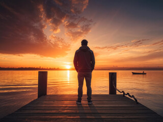 A man stands on a pier at sunset, gazing at the horizon with headphones on, immersed in peaceful reflection. Generative AI