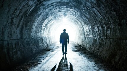 A solitary figure walks towards a bright light in a dark tunnel, symbolizing hope and discovery.