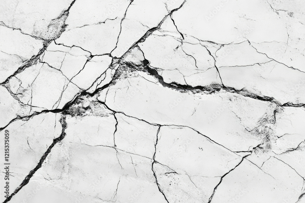 Poster a monochrome image showcasing a heavily cracked surface, possibly concrete or plaster, with intricat