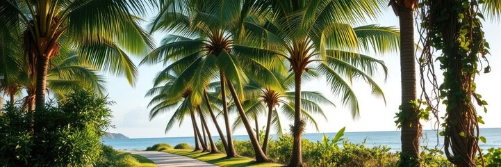 Coconut palms and vines along a serene small coastal path, coastal path, woodland path