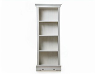 a tall white bookcase with six shelves isolated on white background