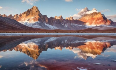 Colorful Andean peaks reflected in the waters of an Andean salt lake, reflective surfaces, serene landscapes