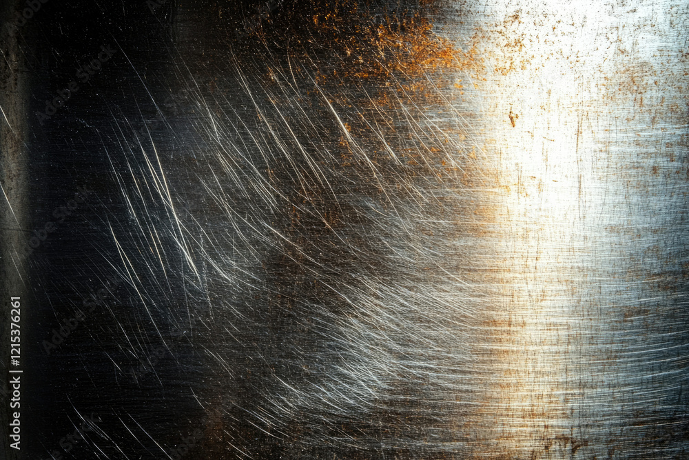 Poster scratched metallic surface with rust and varying tones, showing wear and texture.