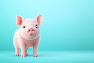 Fototapeta premium Cute young piglet standing against a bright blue background with a playful expression