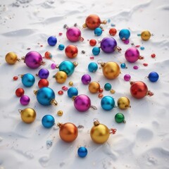Colorful ornaments scattered on a snowy blanket, snowy landscape, wintery scene, winter wonderland