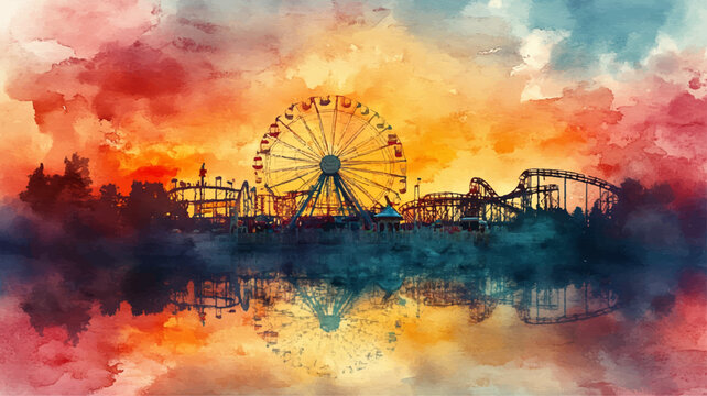 Kirmes Jahrmarkt Aquarell Vergn&uuml;gunspark