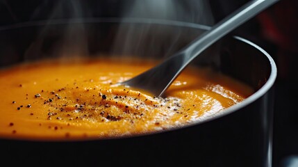 Delicious pumpkin soup speckled with pepper for seasoning, showcasing a savory dish in elegant studio lighting