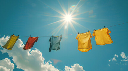Clean laundry hanging on a clothesline, bathed in sunlight with a background of blue sky and fluffy clouds
