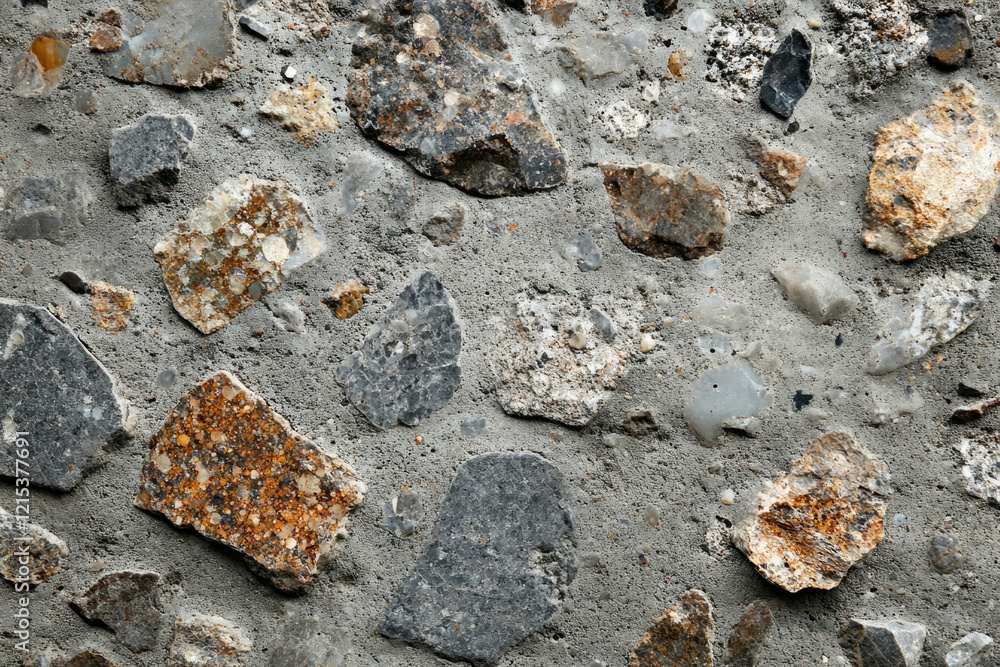 Poster grey cement background with embedded multicolored stones of varying sizes and shapes.